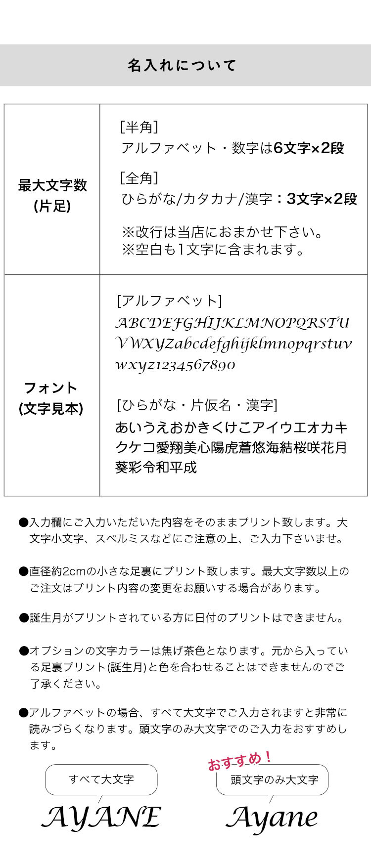 足裏プリントオプション注意事項