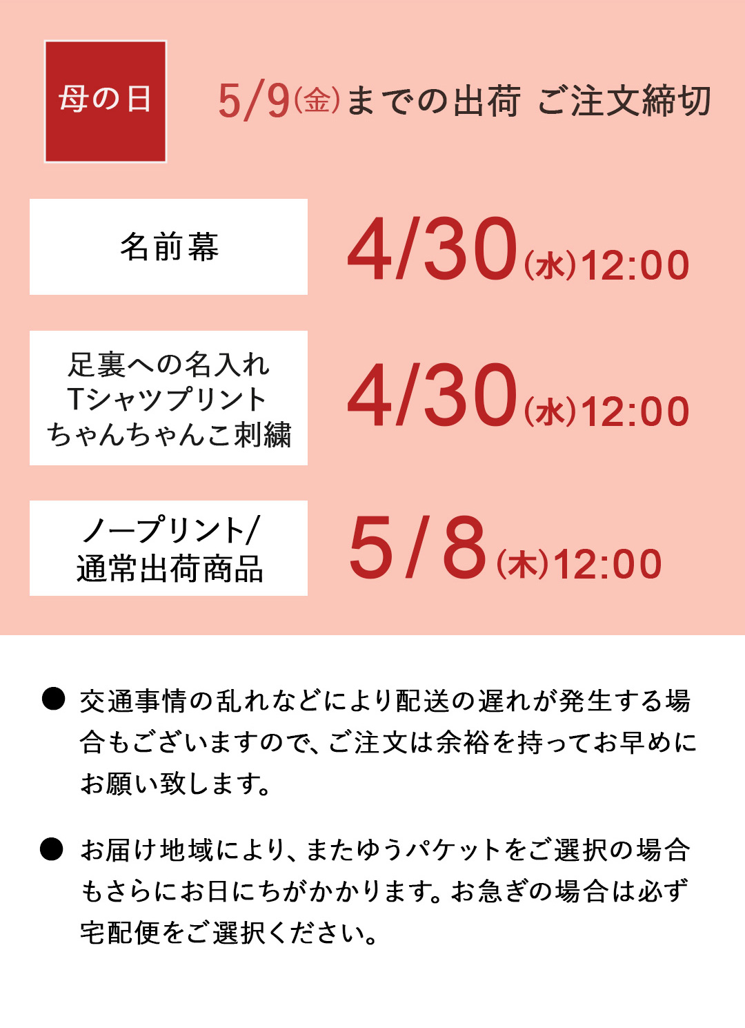 母の日までの配送について